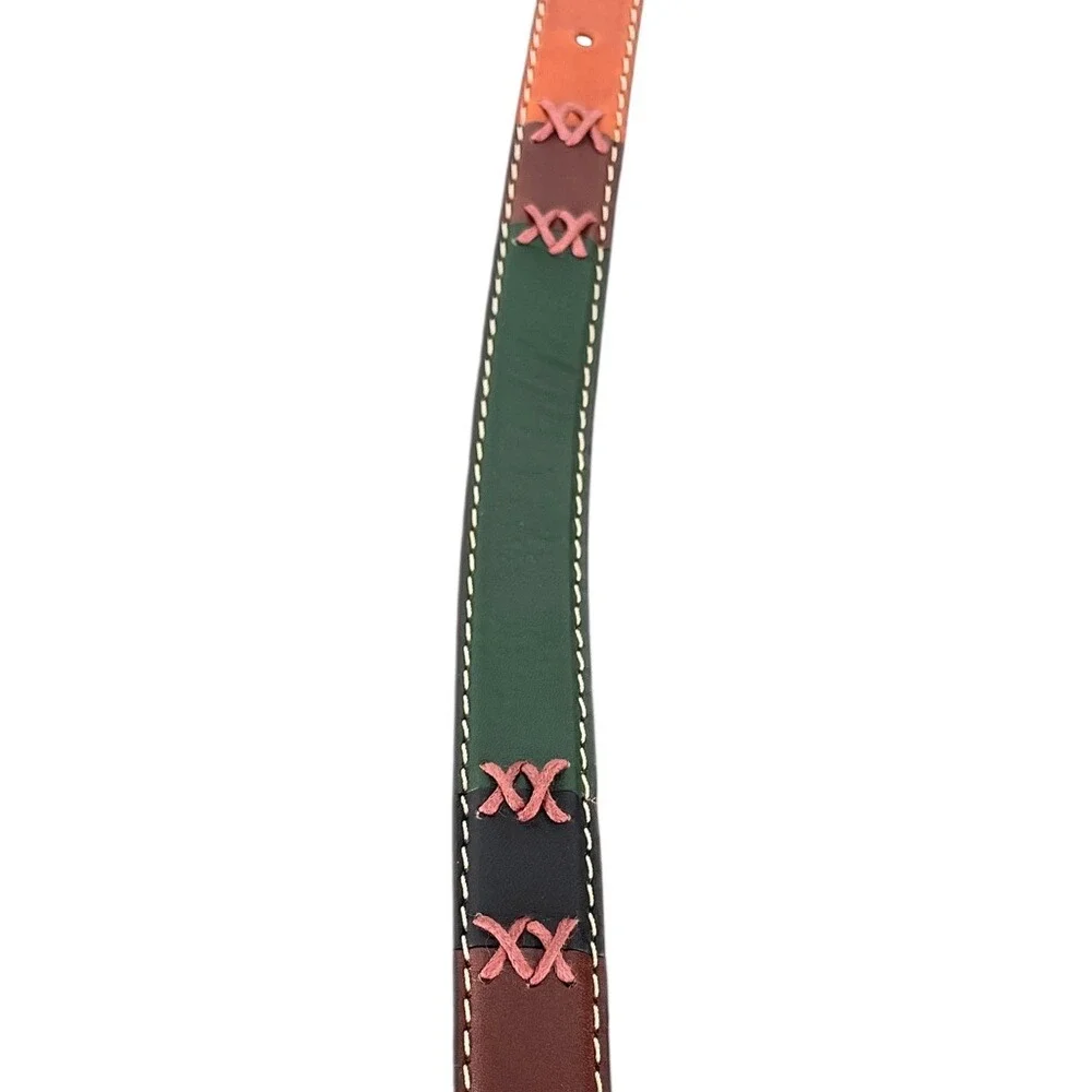 Relic Womens XL Patchwork Genuine Leather Belt‎ Multi Color Brass Buckle Boho
